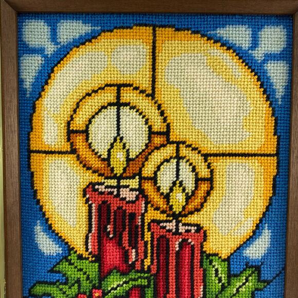 SUNSET DESIGNS “Stained Glass Candles” Christmas Needlepoint Framed Wall Art - Picture 5 of 6